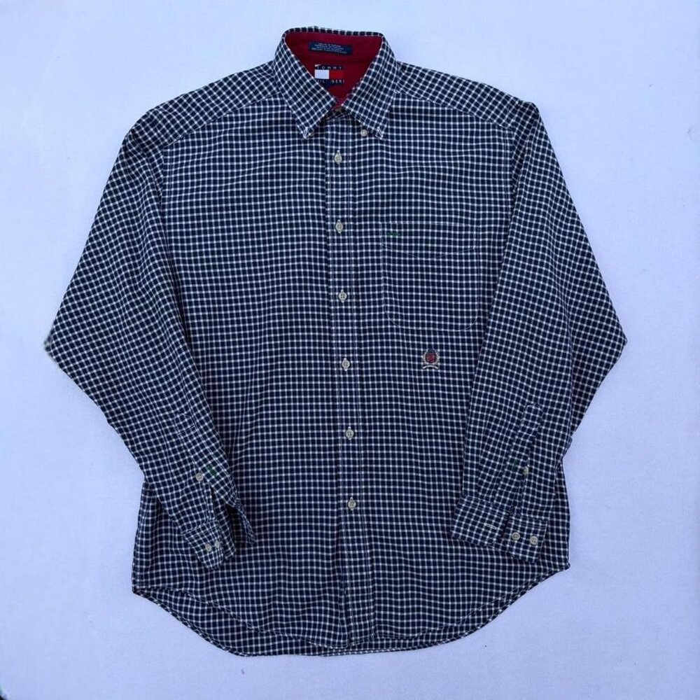 Vintage Tommy Hilfiger Blue White Checkered Plaid Collared Button-up Shirt Sz S
